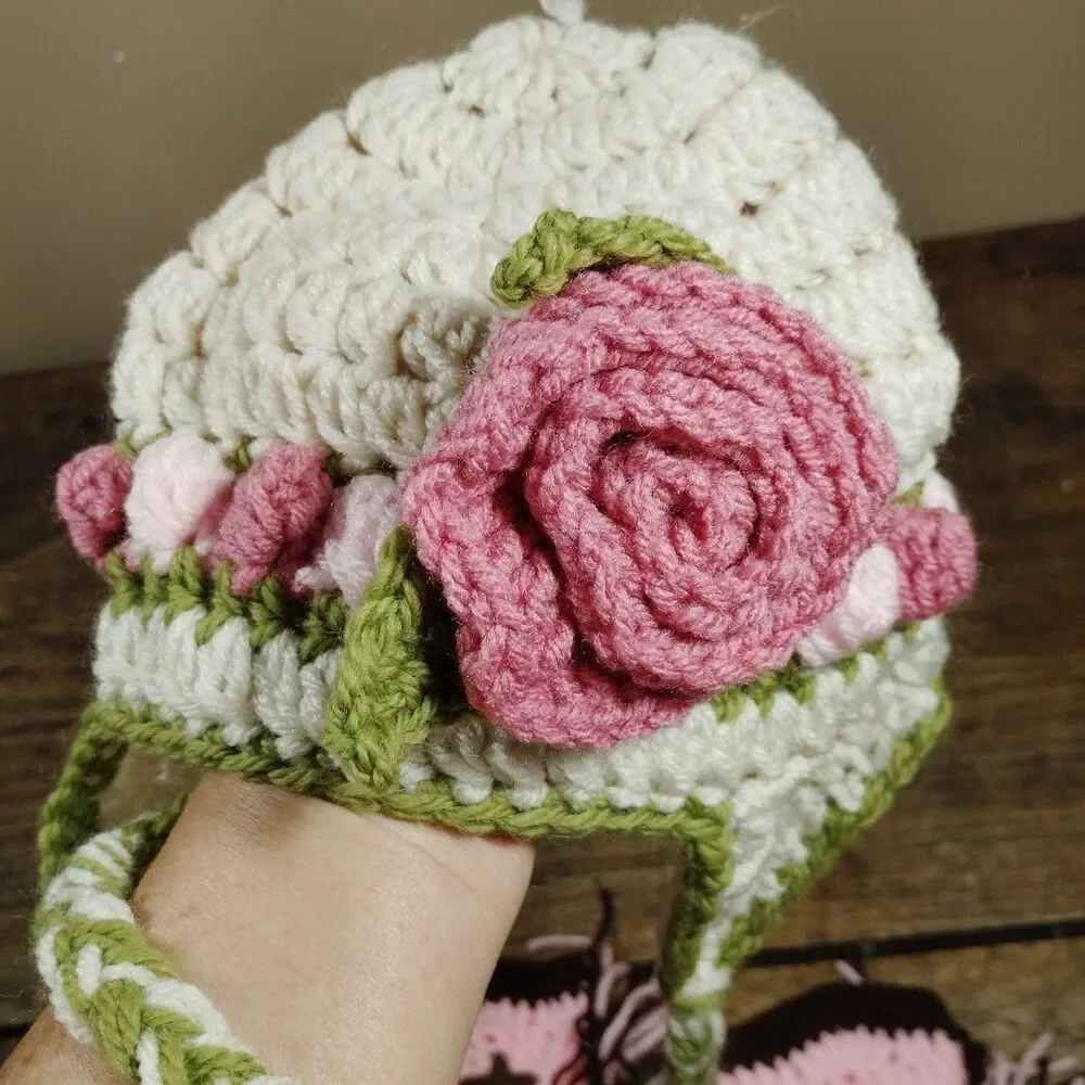 Baby Hand Knit Hat Booties Girl Handmade Crochet Boots Rose Floral Cap